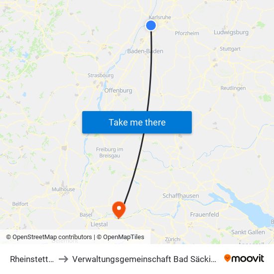 Rheinstetten to Verwaltungsgemeinschaft Bad Säckingen map