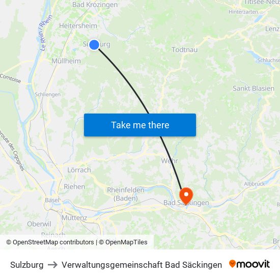 Sulzburg to Verwaltungsgemeinschaft Bad Säckingen map