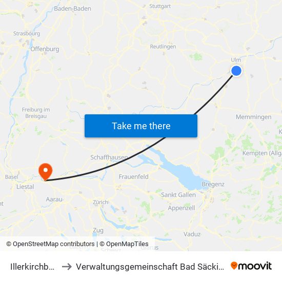 Illerkirchberg to Verwaltungsgemeinschaft Bad Säckingen map