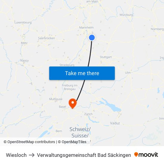 Wiesloch to Verwaltungsgemeinschaft Bad Säckingen map