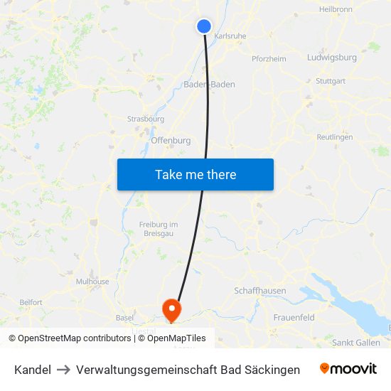 Kandel to Verwaltungsgemeinschaft Bad Säckingen map
