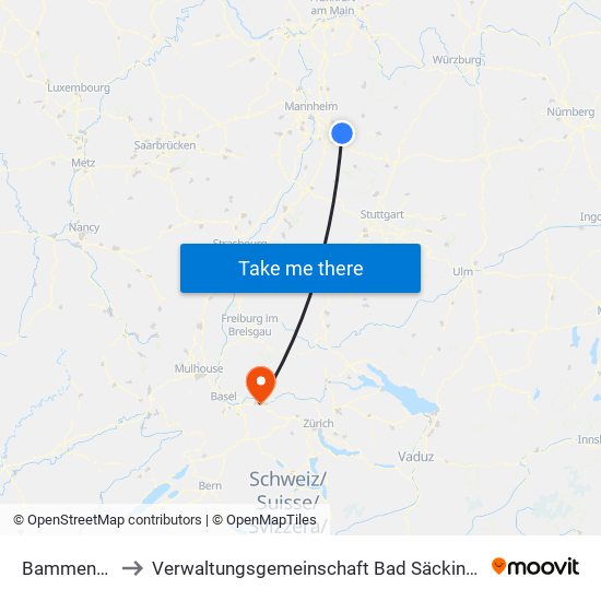 Bammental to Verwaltungsgemeinschaft Bad Säckingen map