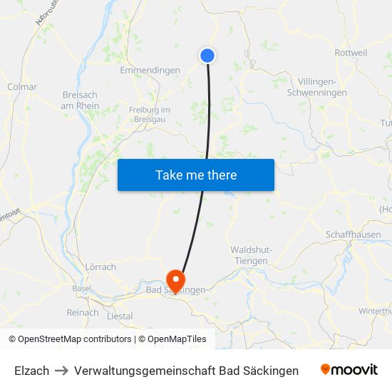 Elzach to Verwaltungsgemeinschaft Bad Säckingen map