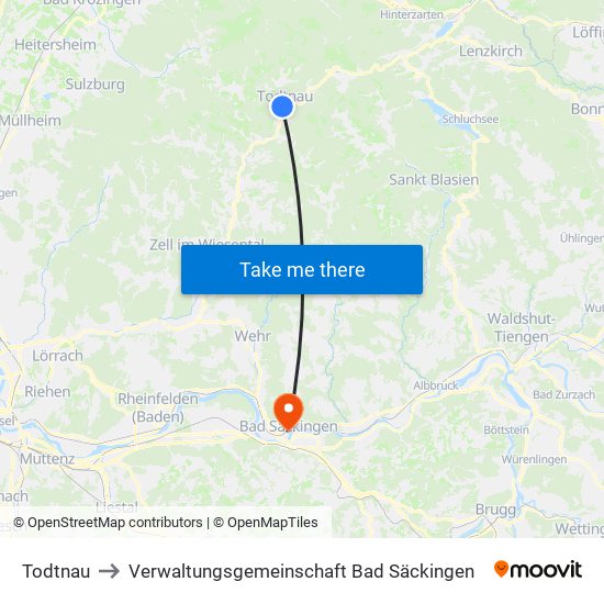 Todtnau to Verwaltungsgemeinschaft Bad Säckingen map