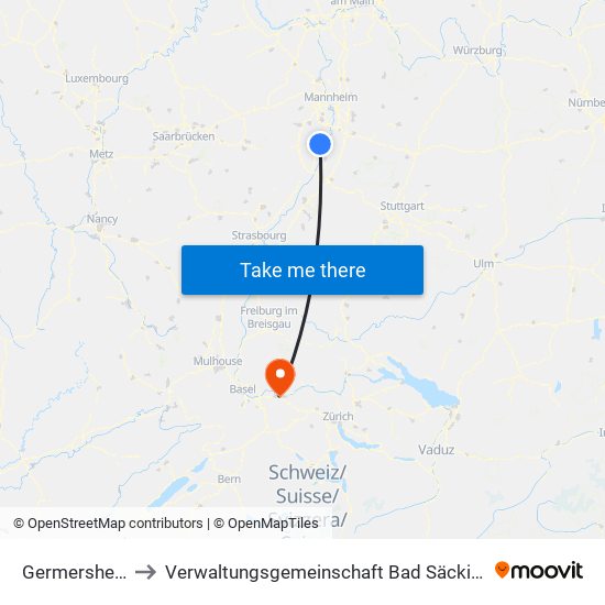 Germersheim to Verwaltungsgemeinschaft Bad Säckingen map