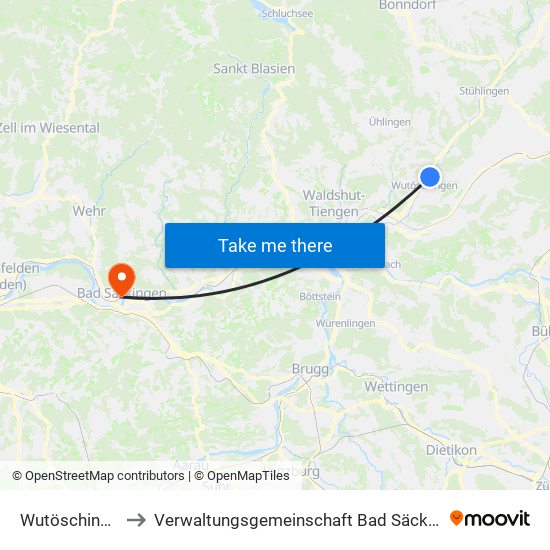 Wutöschingen to Verwaltungsgemeinschaft Bad Säckingen map