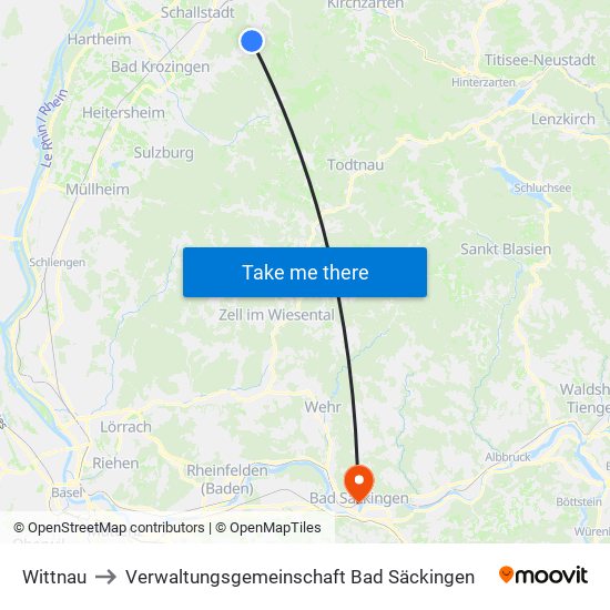 Wittnau to Verwaltungsgemeinschaft Bad Säckingen map