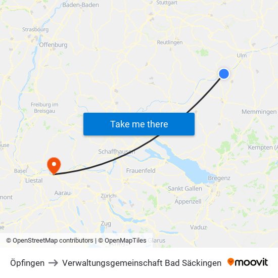 Öpfingen to Verwaltungsgemeinschaft Bad Säckingen map
