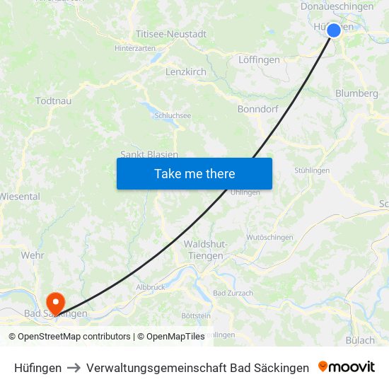 Hüfingen to Verwaltungsgemeinschaft Bad Säckingen map