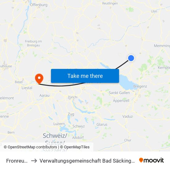 Fronreute to Verwaltungsgemeinschaft Bad Säckingen map