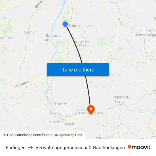 Endingen to Verwaltungsgemeinschaft Bad Säckingen map