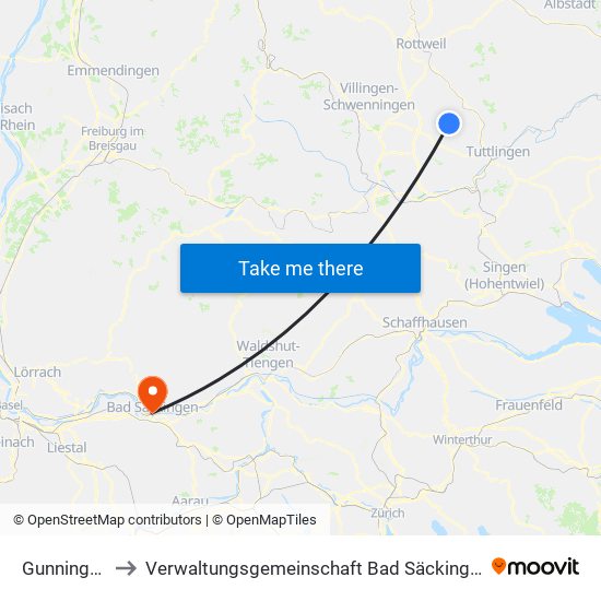 Gunningen to Verwaltungsgemeinschaft Bad Säckingen map