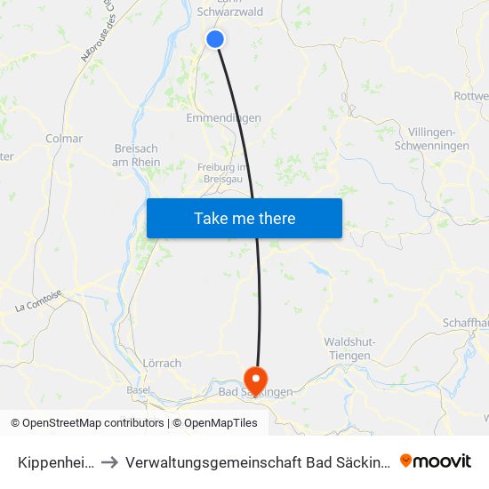 Kippenheim to Verwaltungsgemeinschaft Bad Säckingen map
