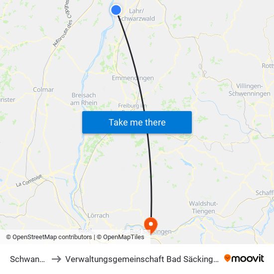 Schwanau to Verwaltungsgemeinschaft Bad Säckingen map