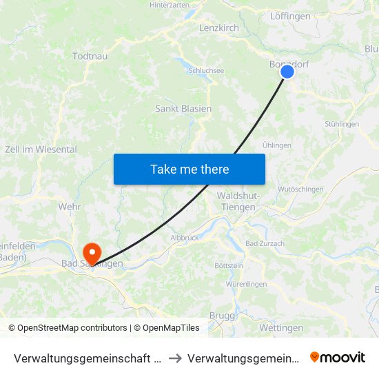 Verwaltungsgemeinschaft Bonndorf Im Schwarzwald to Verwaltungsgemeinschaft Bad Säckingen map