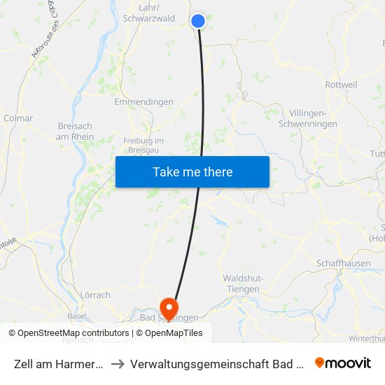 Zell am Harmersbach to Verwaltungsgemeinschaft Bad Säckingen map