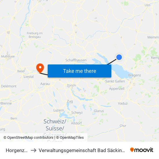 Horgenzell to Verwaltungsgemeinschaft Bad Säckingen map