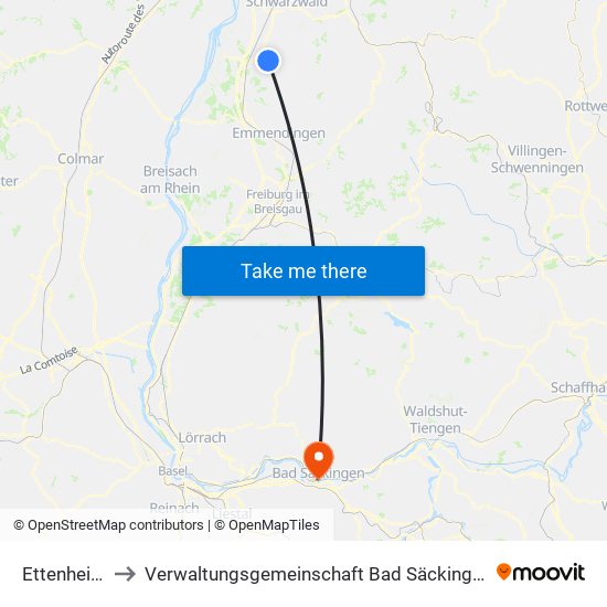 Ettenheim to Verwaltungsgemeinschaft Bad Säckingen map