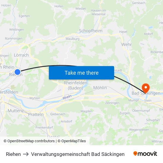 Riehen to Verwaltungsgemeinschaft Bad Säckingen map