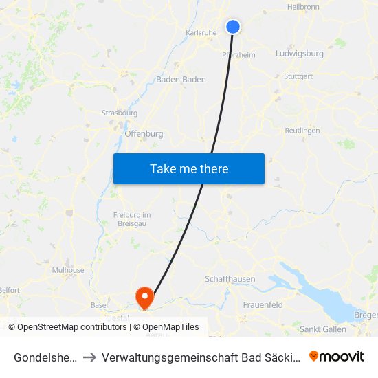 Gondelsheim to Verwaltungsgemeinschaft Bad Säckingen map