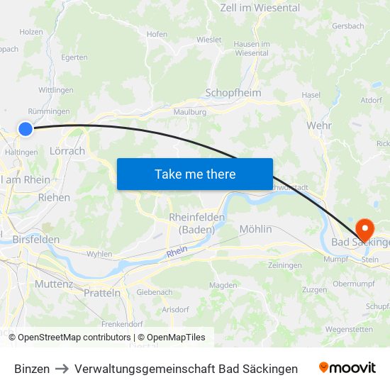 Binzen to Verwaltungsgemeinschaft Bad Säckingen map