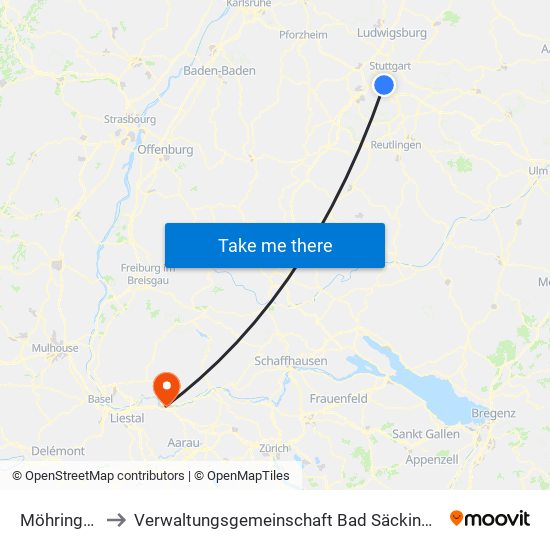 Möhringen to Verwaltungsgemeinschaft Bad Säckingen map