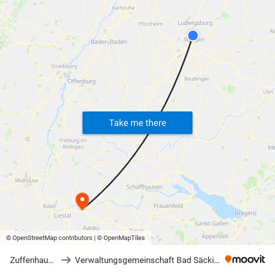 Zuffenhausen to Verwaltungsgemeinschaft Bad Säckingen map