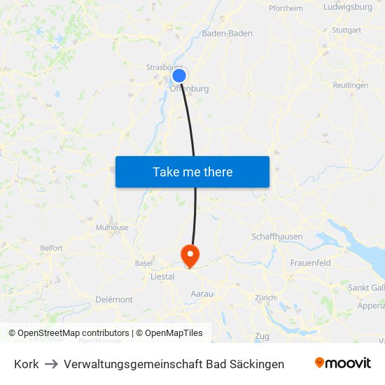 Kork to Verwaltungsgemeinschaft Bad Säckingen map