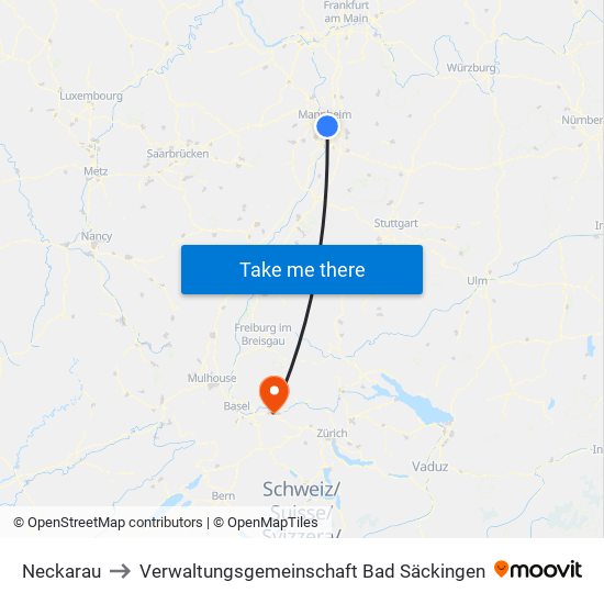 Neckarau to Verwaltungsgemeinschaft Bad Säckingen map