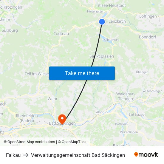 Falkau to Verwaltungsgemeinschaft Bad Säckingen map