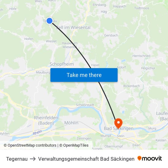 Tegernau to Verwaltungsgemeinschaft Bad Säckingen map