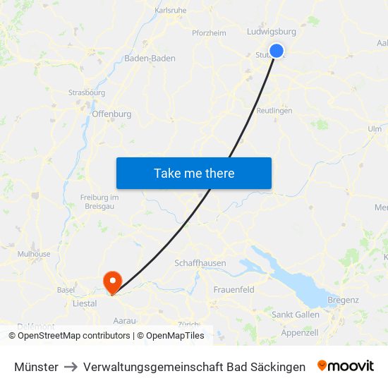 Münster to Verwaltungsgemeinschaft Bad Säckingen map