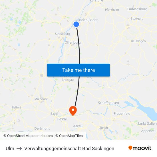 Ulm to Verwaltungsgemeinschaft Bad Säckingen map