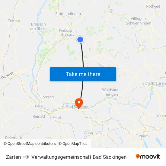 Zarten to Verwaltungsgemeinschaft Bad Säckingen map