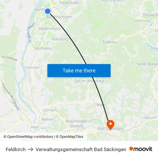 Feldkirch to Verwaltungsgemeinschaft Bad Säckingen map