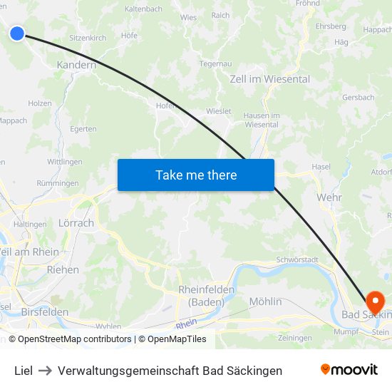 Liel to Verwaltungsgemeinschaft Bad Säckingen map