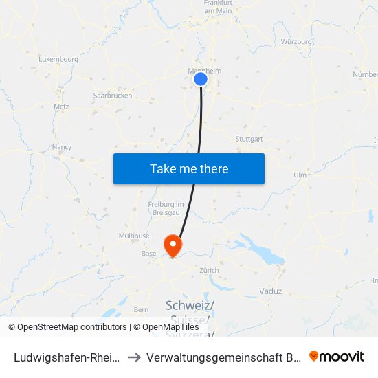 Ludwigshafen-Rheingönheim to Verwaltungsgemeinschaft Bad Säckingen map