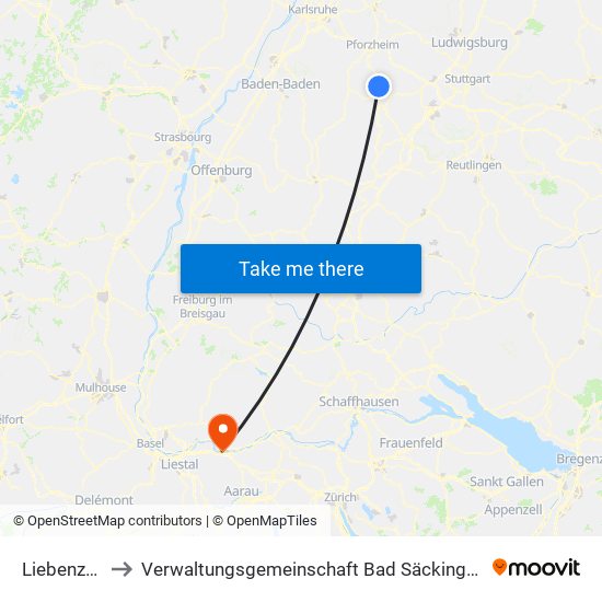 Liebenzell to Verwaltungsgemeinschaft Bad Säckingen map