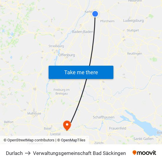 Durlach to Verwaltungsgemeinschaft Bad Säckingen map