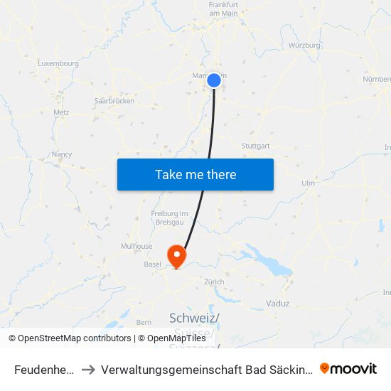 Feudenheim to Verwaltungsgemeinschaft Bad Säckingen map