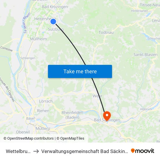 Wettelbrunn to Verwaltungsgemeinschaft Bad Säckingen map