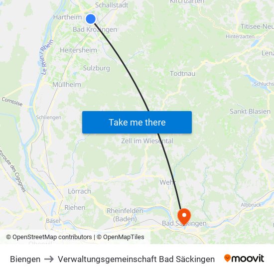Biengen to Verwaltungsgemeinschaft Bad Säckingen map