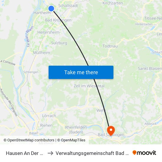 Hausen An Der Möhlin to Verwaltungsgemeinschaft Bad Säckingen map