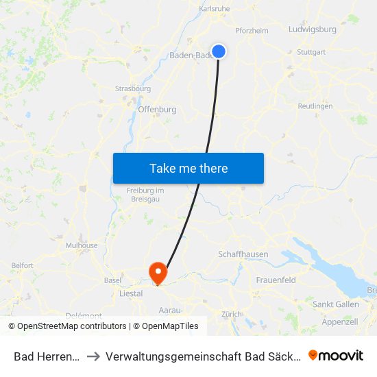 Bad Herrenalb to Verwaltungsgemeinschaft Bad Säckingen map