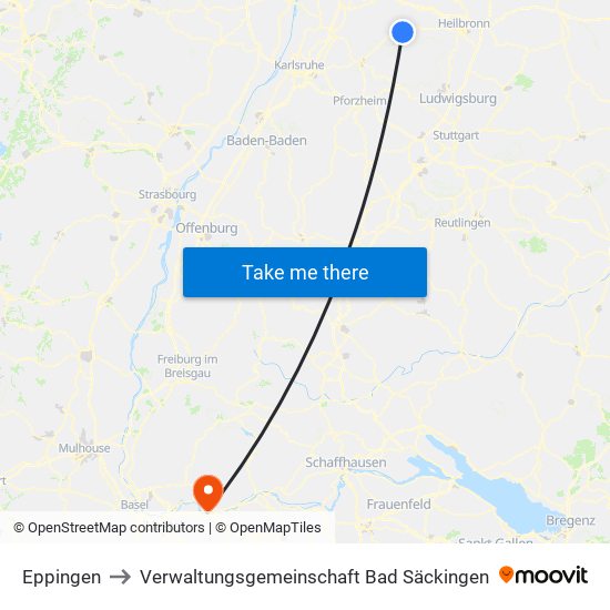 Eppingen to Verwaltungsgemeinschaft Bad Säckingen map