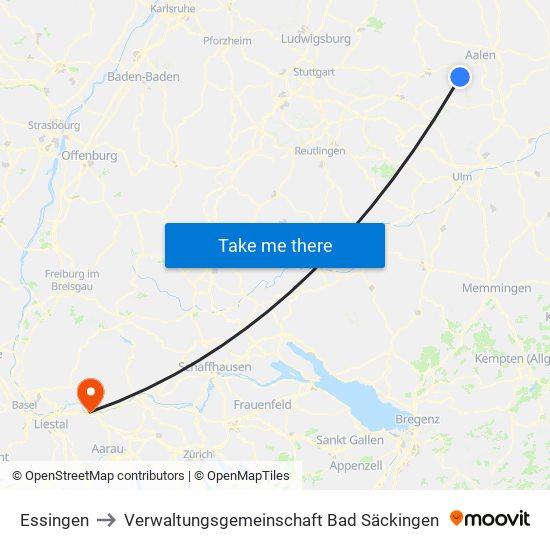 Essingen to Verwaltungsgemeinschaft Bad Säckingen map