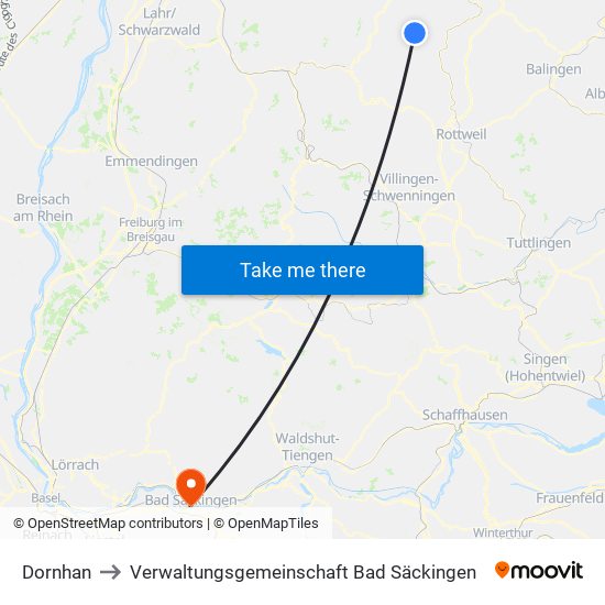 Dornhan to Verwaltungsgemeinschaft Bad Säckingen map