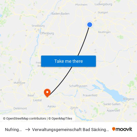 Nufringen to Verwaltungsgemeinschaft Bad Säckingen map