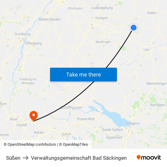 Süßen to Verwaltungsgemeinschaft Bad Säckingen map