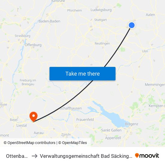 Ottenbach to Verwaltungsgemeinschaft Bad Säckingen map